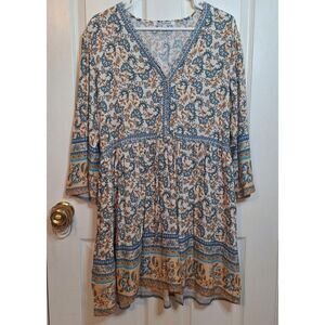 NorthStyle Blue Yellow Paisley Tunic Mini Dress Bohemian Cottagecore Size L